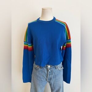 Meister Vintage Blue Sweater with Rainbow Stripe Detailing